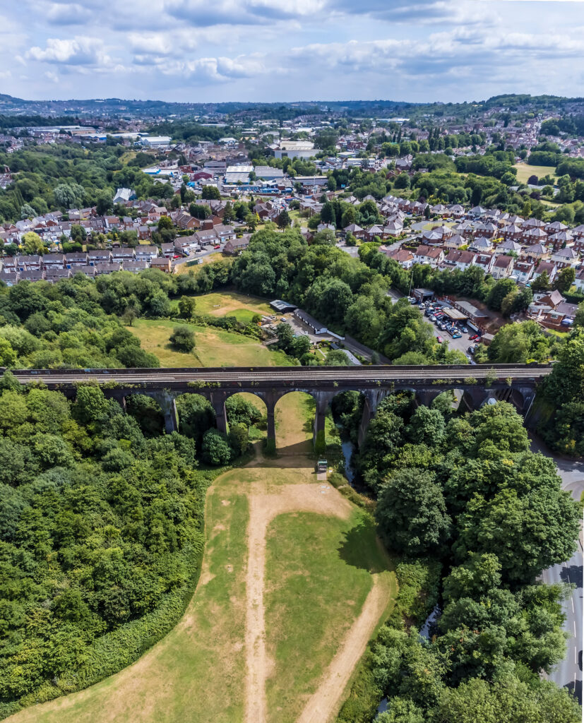 An aerial view above the Stambermill Viaduct in Stourbridge, UK in summertime